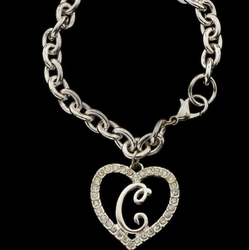 Silver Tone Heart Initial C Bracelet Chunky Link Chain Crystal Charm Womens